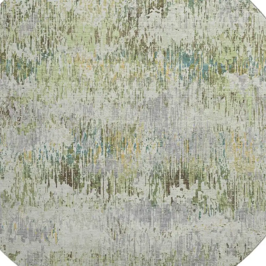 8' X 8' Artichoke Green Ivory And Gray Striped Washable Round Rug With UV Protection Photo 2