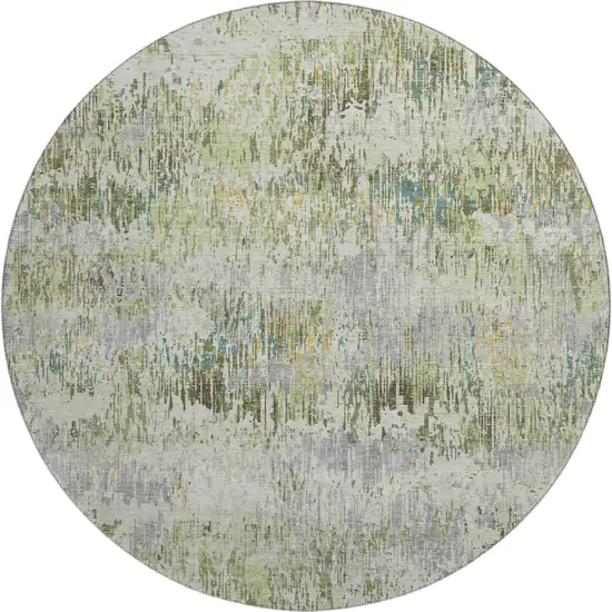 8' X 8' Artichoke Green Ivory And Gray Striped Washable Round Rug With UV Protection Photo 1