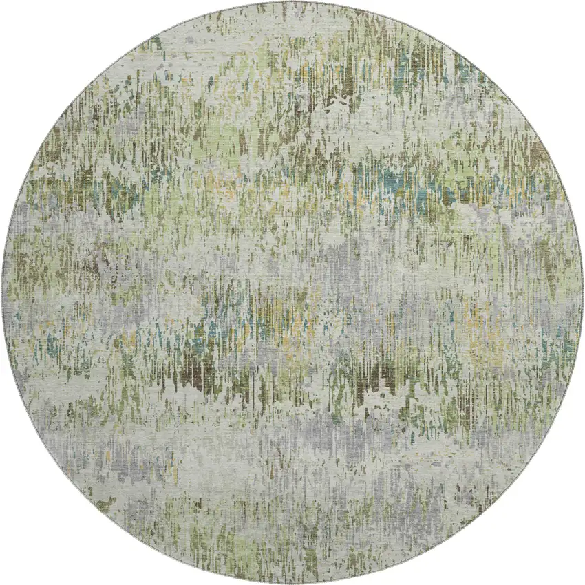 8' X 8' Artichoke Green Ivory And Gray Striped Washable Round Rug With UV Protection Photo 1