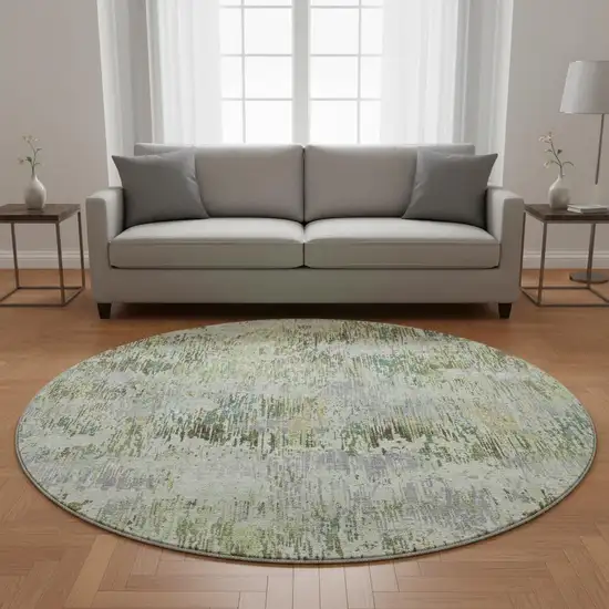 8' X 8' Artichoke Green Ivory And Gray Striped Washable Round Rug With UV Protection Photo 2