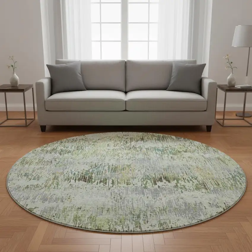 8' X 8' Artichoke Green Ivory And Gray Striped Washable Round Rug With UV Protection Photo 2