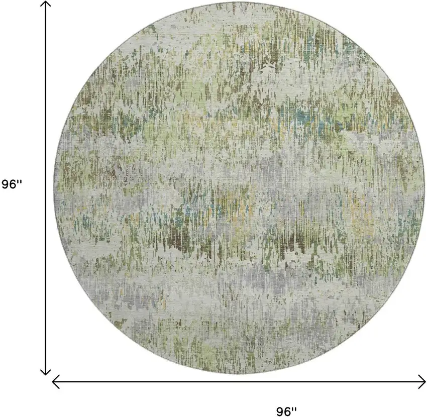 8' X 8' Artichoke Green Ivory And Gray Striped Washable Round Rug With UV Protection Photo 9