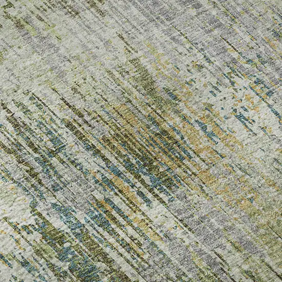 8' X 8' Artichoke Green Ivory And Gray Striped Washable Round Rug With UV Protection Photo 8