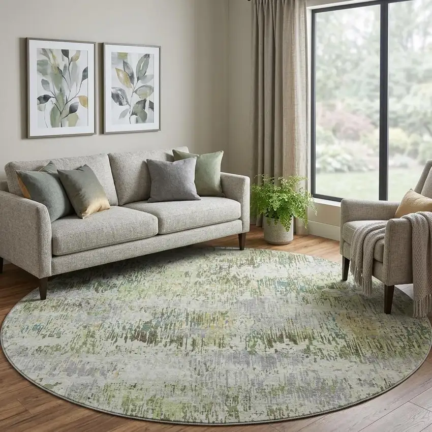 8' X 8' Artichoke Green Ivory And Gray Striped Washable Round Rug With UV Protection Photo 1