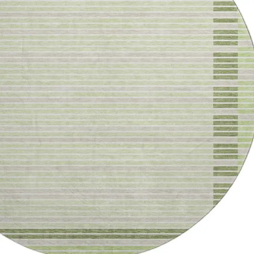 8' X 8' Artichoke Green Ivory And Gray Striped Washable Round Rug With UV Protection Photo 2