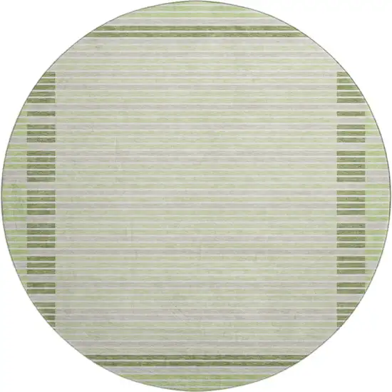 8' X 8' Artichoke Green Ivory And Gray Striped Washable Round Rug With UV Protection Photo 1