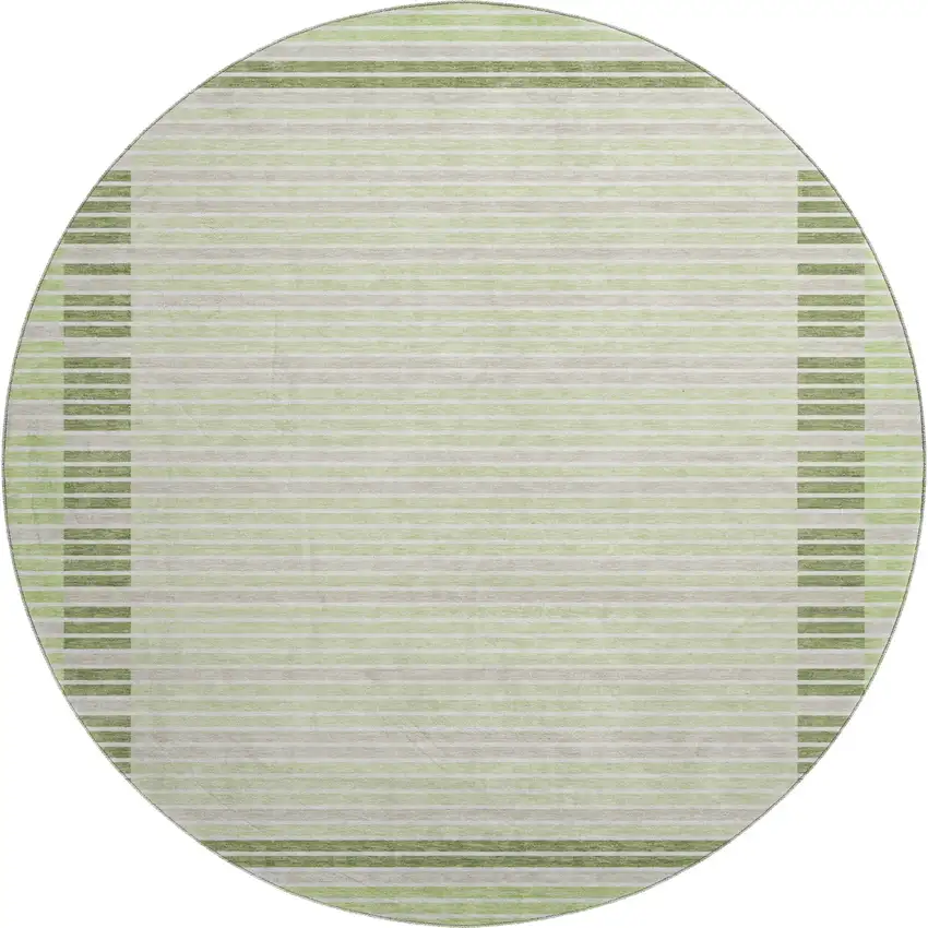 8' X 8' Artichoke Green Ivory And Gray Striped Washable Round Rug With UV Protection Photo 1