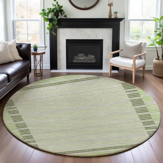 8' X 8' Artichoke Green Ivory And Gray Striped Washable Round Rug With UV Protection Photo 5