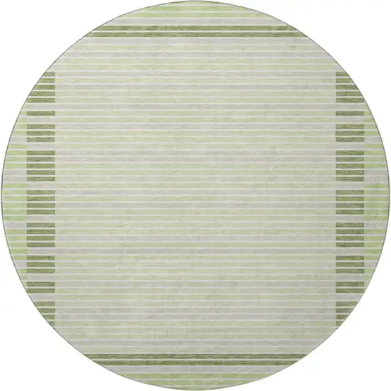 8' X 8' Artichoke Green Ivory And Gray Striped Washable Round Rug With UV Protection Photo 3