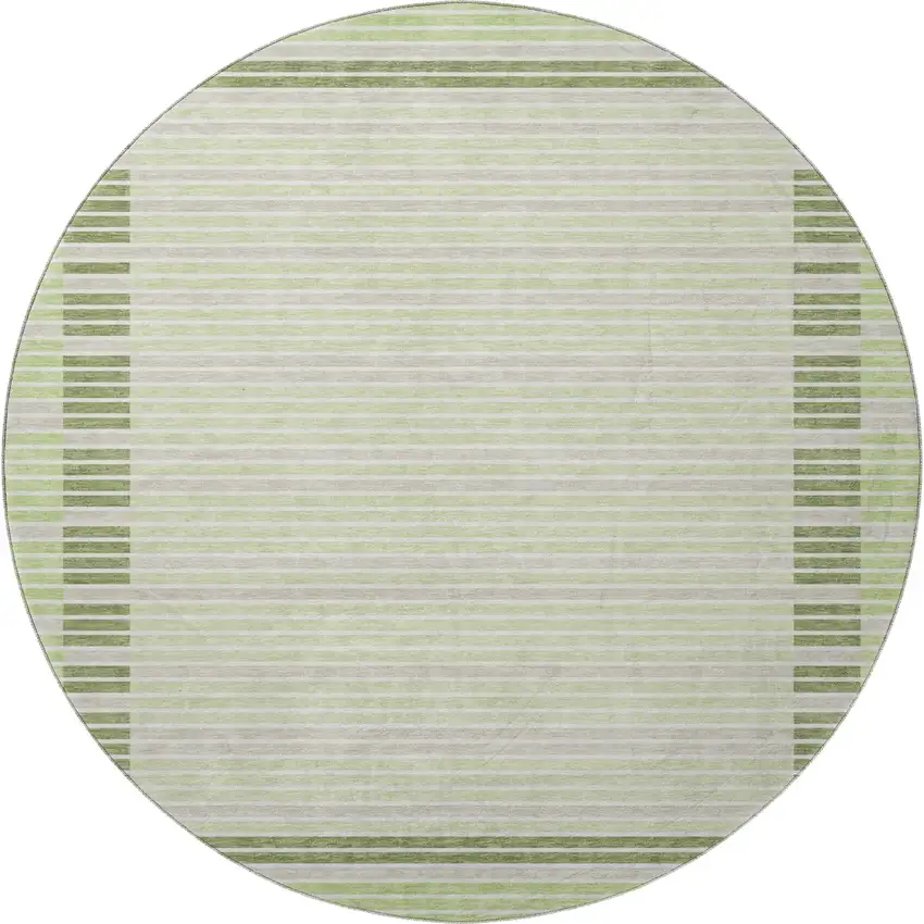 8' X 8' Artichoke Green Ivory And Gray Striped Washable Round Rug With UV Protection Photo 3