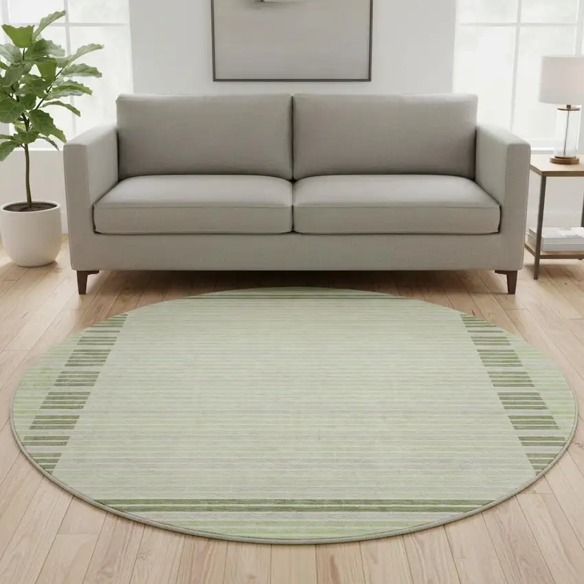 8' X 8' Artichoke Green Ivory And Gray Striped Washable Round Rug With UV Protection Photo 2