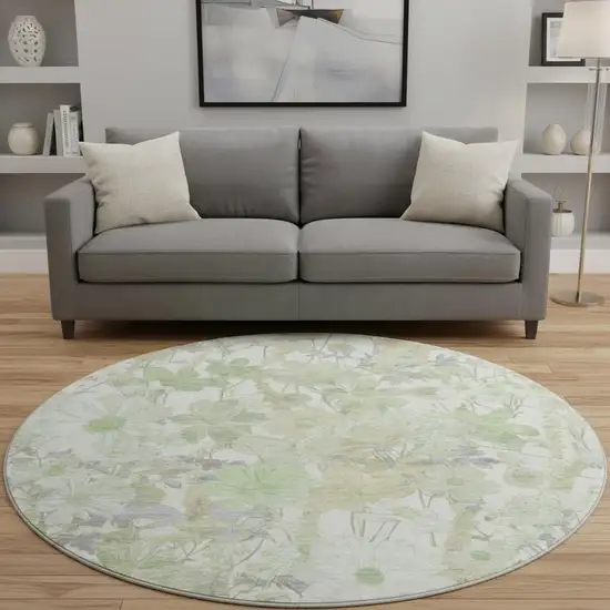 8' X 8' Artichoke Green Ivory And Lavender Floral Washable Round Rug With UV Protection Photo 2