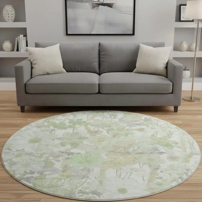 8' X 8' Artichoke Green Ivory And Lavender Floral Washable Round Rug With UV Protection Photo 2