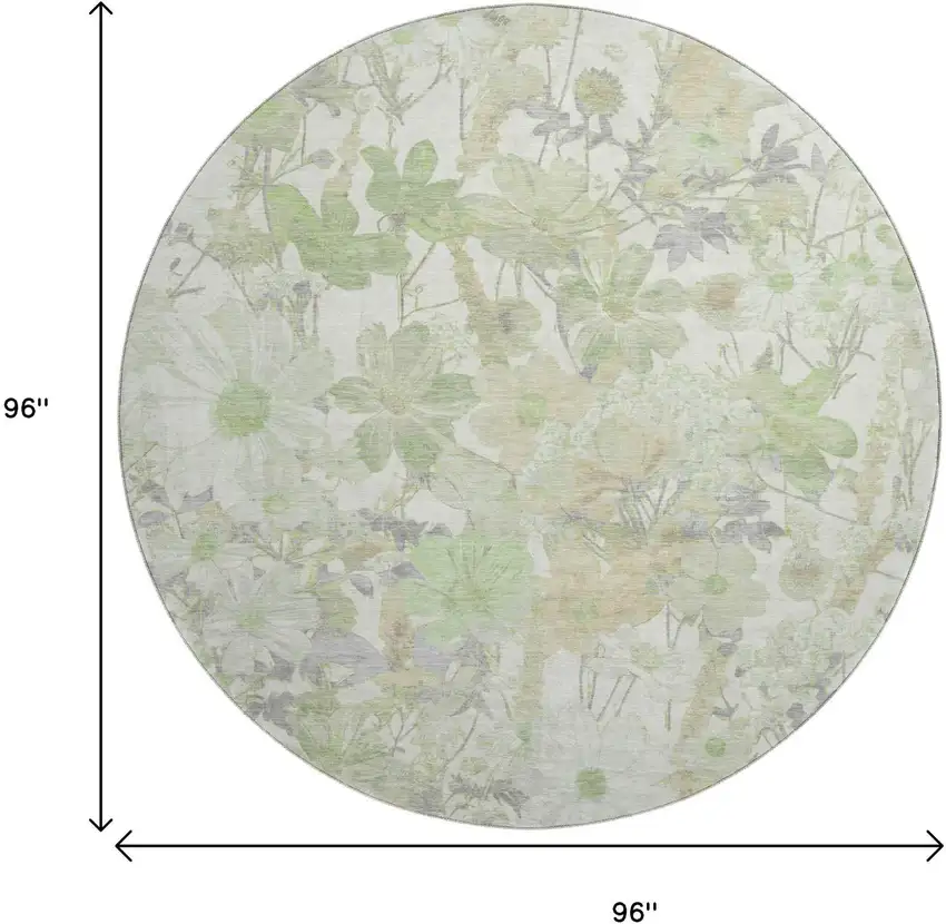 8' X 8' Artichoke Green Ivory And Lavender Floral Washable Round Rug With UV Protection Photo 9