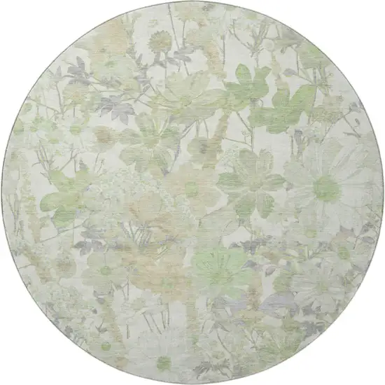 8' X 8' Artichoke Green Ivory And Lavender Floral Washable Round Rug With UV Protection Photo 3