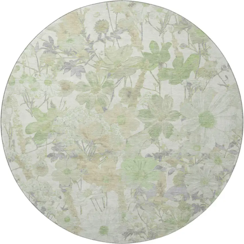 8' X 8' Artichoke Green Ivory And Lavender Floral Washable Round Rug With UV Protection Photo 3