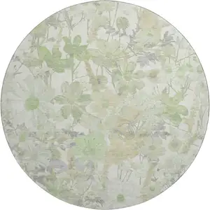 Photo of 8' X 8' Artichoke Green Ivory And Lavender Floral Washable Round Rug With UV Protection