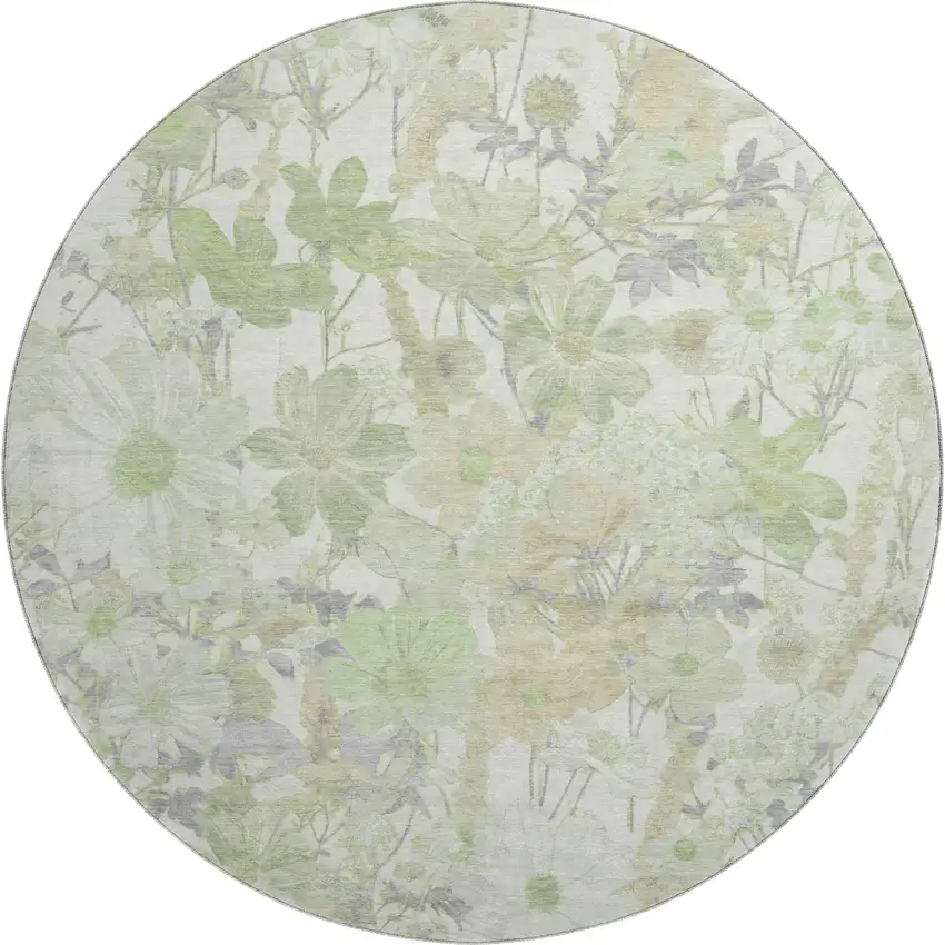8' X 8' Artichoke Green Ivory And Lavender Floral Washable Round Rug With UV Protection Photo 1