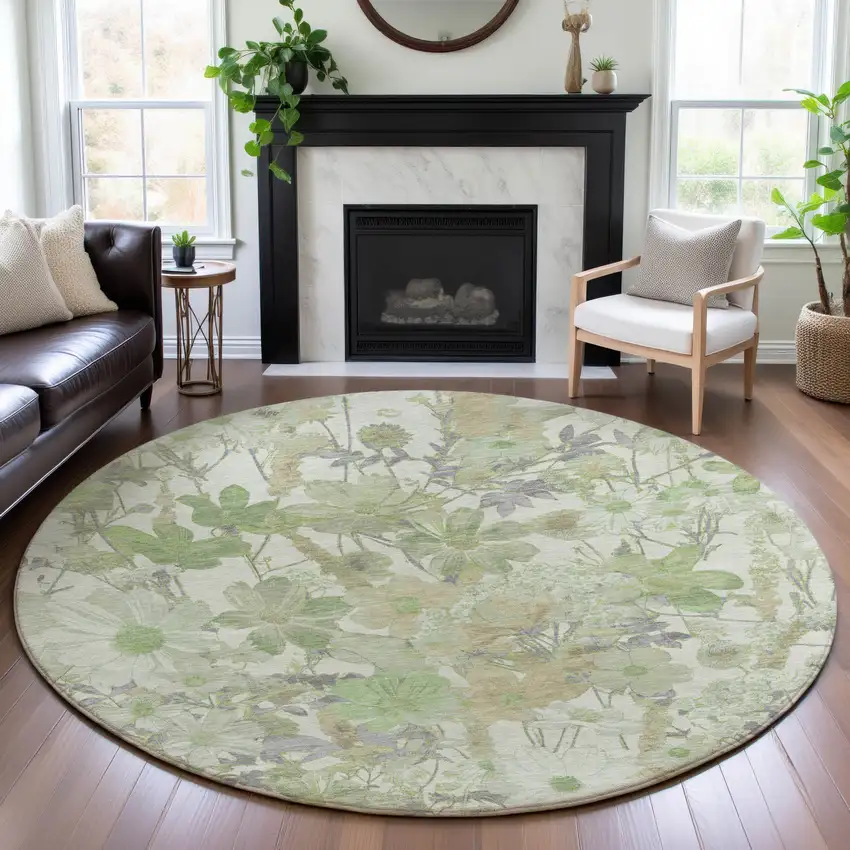 8' X 8' Artichoke Green Ivory And Lavender Floral Washable Round Rug With UV Protection Photo 4