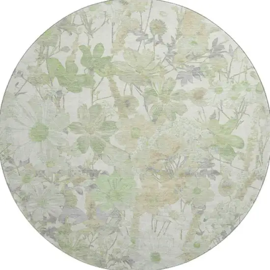 8' X 8' Artichoke Green Ivory And Lavender Floral Washable Round Rug With UV Protection Photo 2