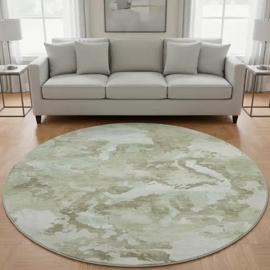 8' X 8' Artichoke Green Ivory And Sage Abstract Washable Round Rug With UV Protection Photo 2