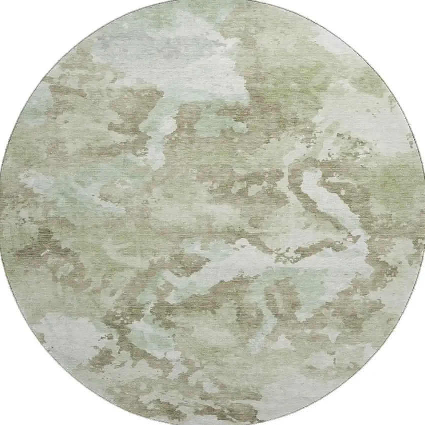 8' X 8' Artichoke Green Ivory And Sage Abstract Washable Round Rug With UV Protection Photo 2