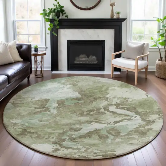 8' X 8' Artichoke Green Ivory And Sage Abstract Washable Round Rug With UV Protection Photo 4