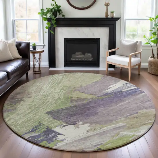 8' X 8' Artichoke Green Ivory And Taupe Abstract Washable Round Rug With UV Protection Photo 5