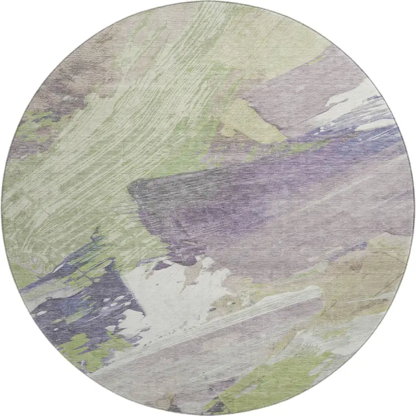 8' X 8' Artichoke Green Ivory And Taupe Abstract Washable Round Rug With UV Protection Photo 1