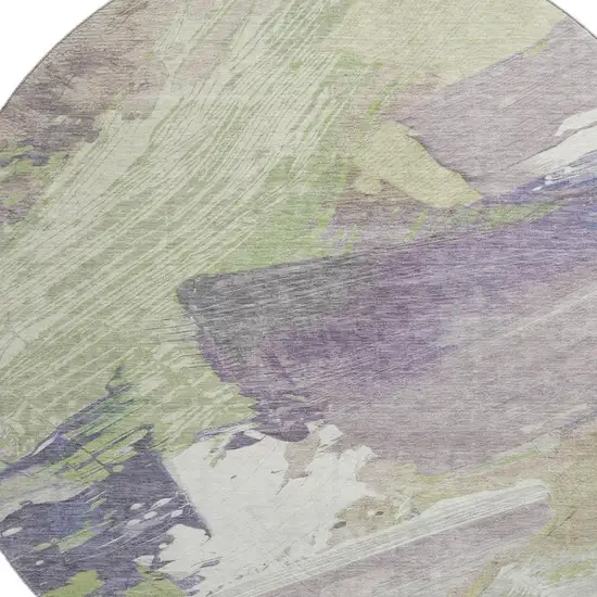 8' X 8' Artichoke Green Ivory And Taupe Abstract Washable Round Rug With UV Protection Photo 3