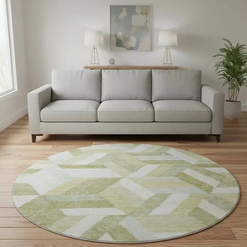 8' X 8' Artichoke Green Ivory And Wheat Geometric Washable Round Rug With UV Protection Photo 2