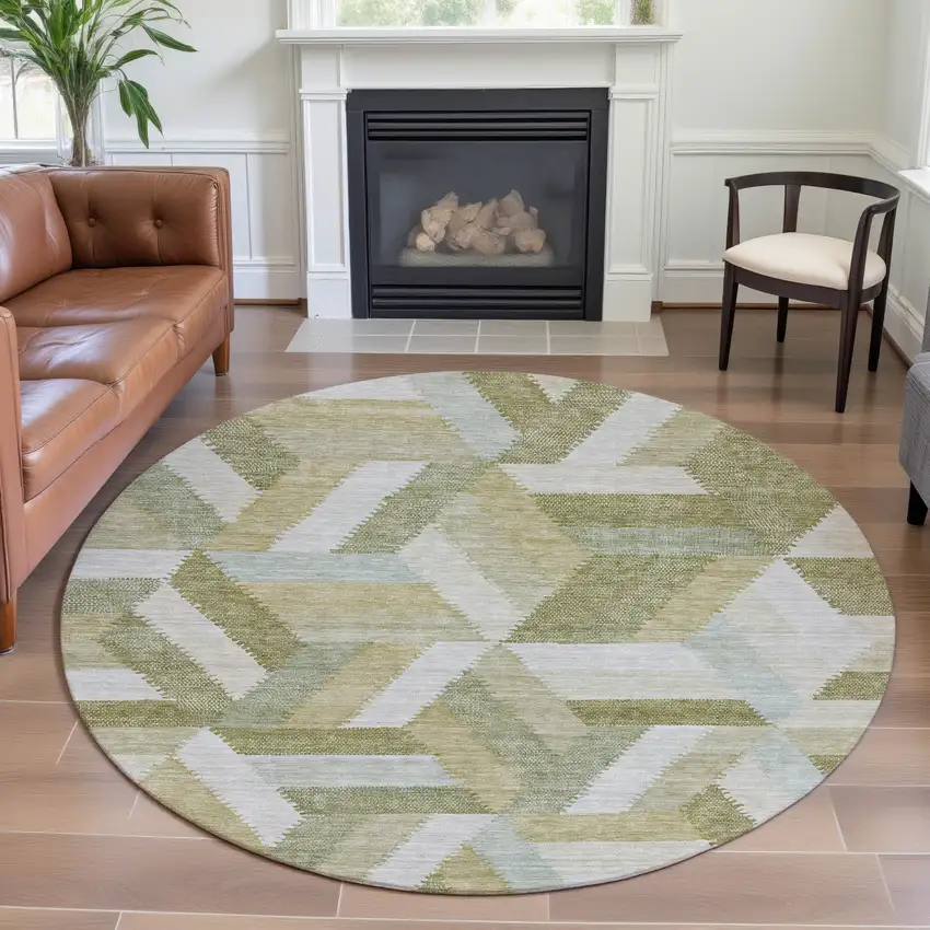 8' X 8' Artichoke Green Ivory And Wheat Geometric Washable Round Rug With UV Protection Photo 4