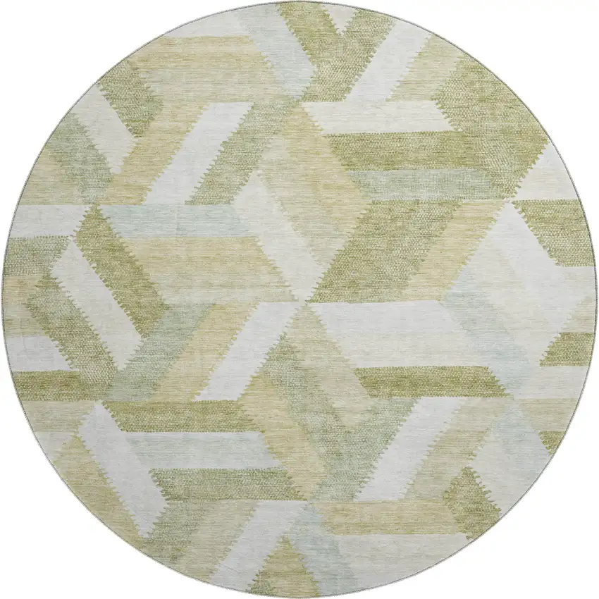 8' X 8' Artichoke Green Ivory And Wheat Geometric Washable Round Rug With UV Protection Photo 1