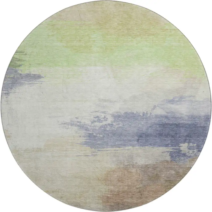 8' X 8' Artichoke Green Lavender And Ivory Abstract Washable Round Rug With UV Protection Photo 1