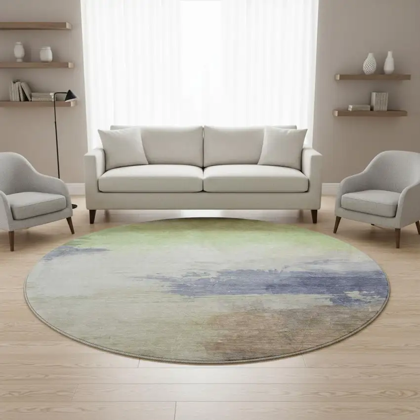 8' X 8' Artichoke Green Lavender And Ivory Abstract Washable Round Rug With UV Protection Photo 2