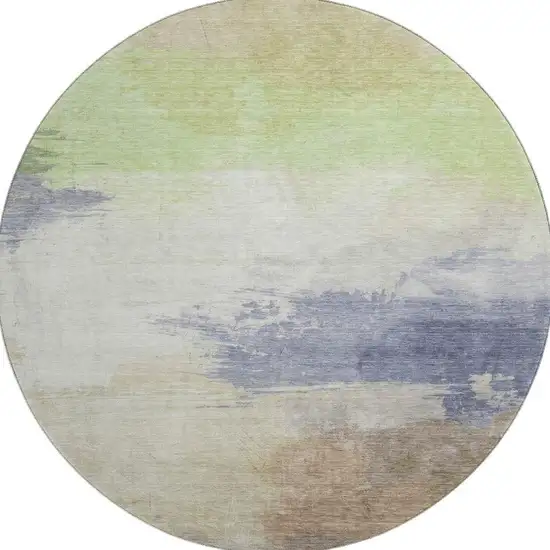 8' X 8' Artichoke Green Lavender And Ivory Abstract Washable Round Rug With UV Protection Photo 4