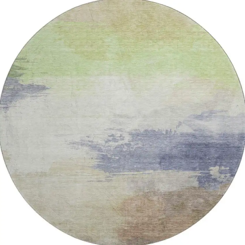 8' X 8' Artichoke Green Lavender And Ivory Abstract Washable Round Rug With UV Protection Photo 4