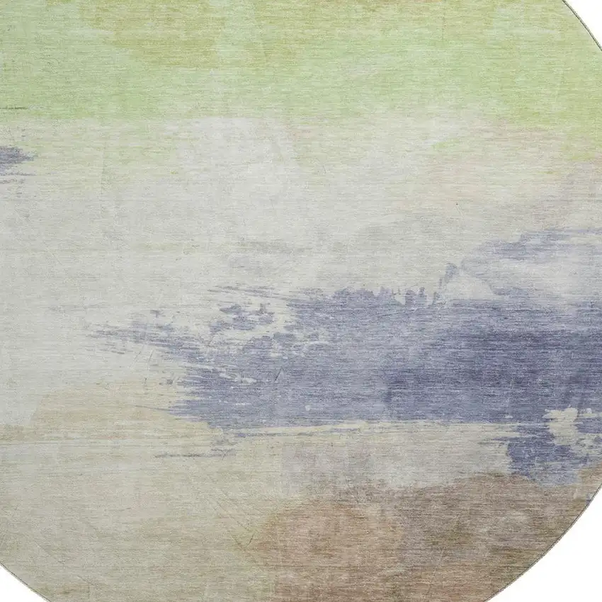 8' X 8' Artichoke Green Lavender And Ivory Abstract Washable Round Rug With UV Protection Photo 2
