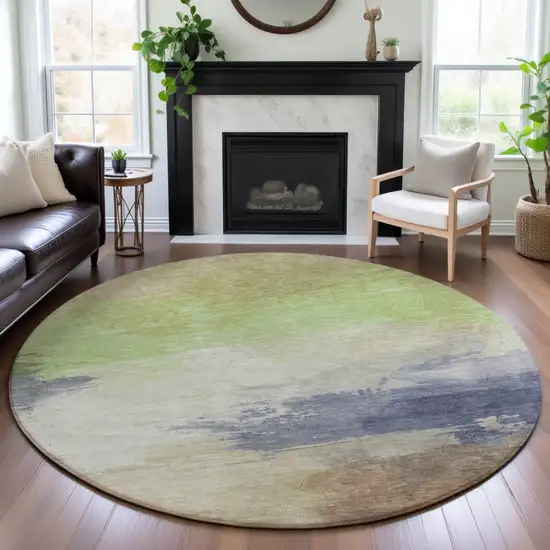 8' X 8' Artichoke Green Lavender And Ivory Abstract Washable Round Rug With UV Protection Photo 4