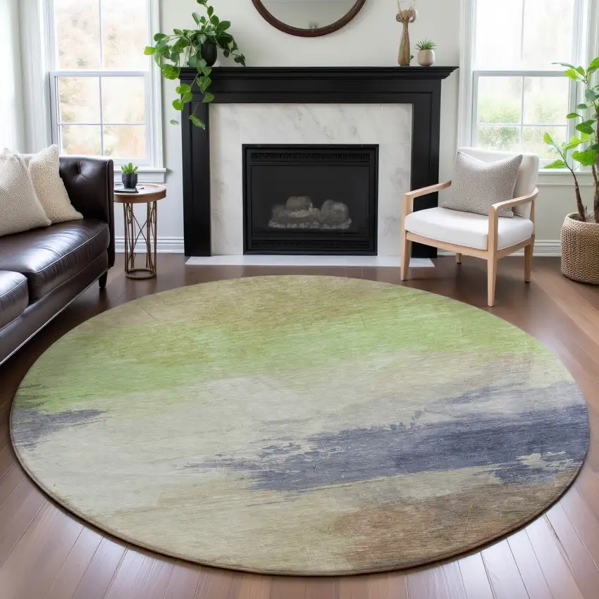 8' X 8' Artichoke Green Lavender And Ivory Abstract Washable Round Rug With UV Protection Photo 4