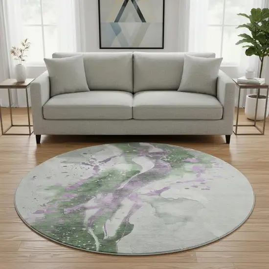 8' X 8' Artichoke Green Lavender And Ivory Abstract Washable Round Rug With UV Protection Photo 2