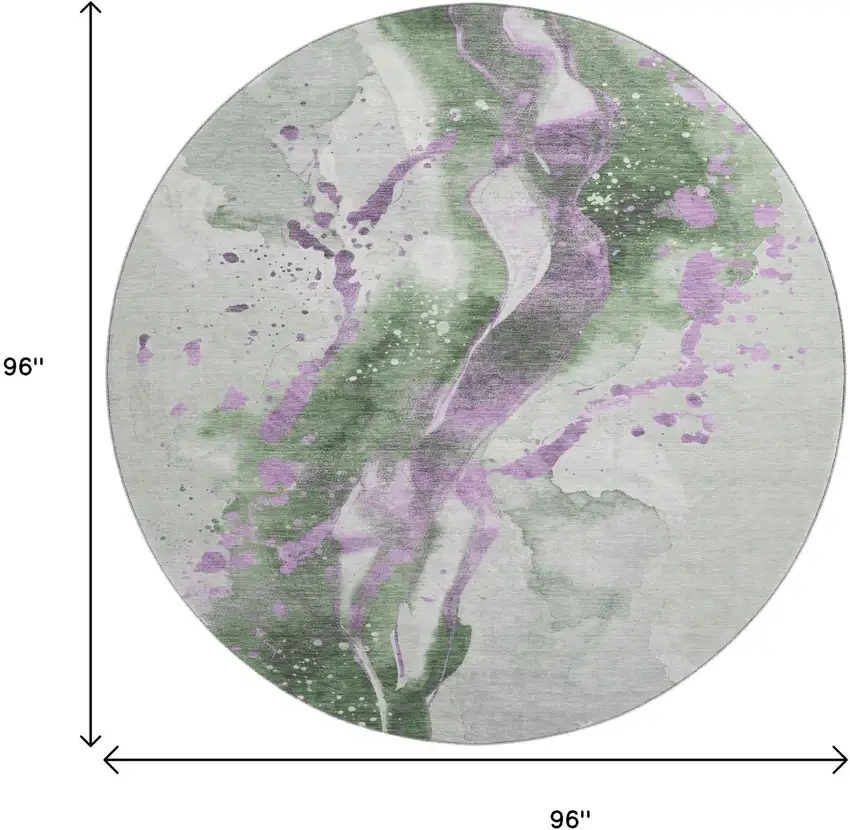 8' X 8' Artichoke Green Lavender And Ivory Abstract Washable Round Rug With UV Protection Photo 9