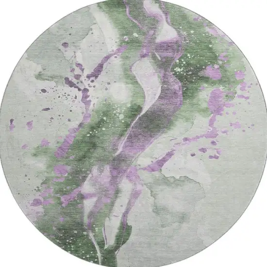 8' X 8' Artichoke Green Lavender And Ivory Abstract Washable Round Rug With UV Protection Photo 3