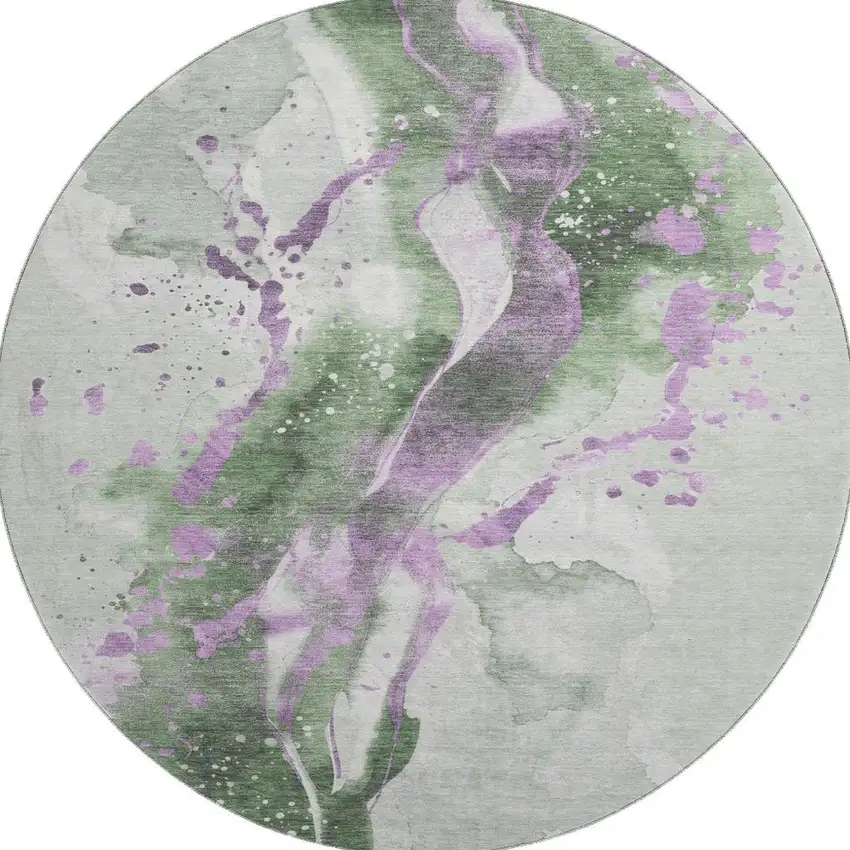 8' X 8' Artichoke Green Lavender And Ivory Abstract Washable Round Rug With UV Protection Photo 3