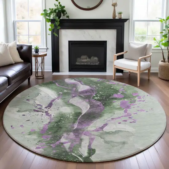 8' X 8' Artichoke Green Lavender And Ivory Abstract Washable Round Rug With UV Protection Photo 4