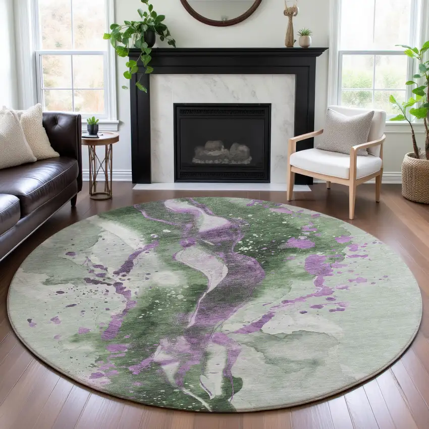 8' X 8' Artichoke Green Lavender And Ivory Abstract Washable Round Rug With UV Protection Photo 4