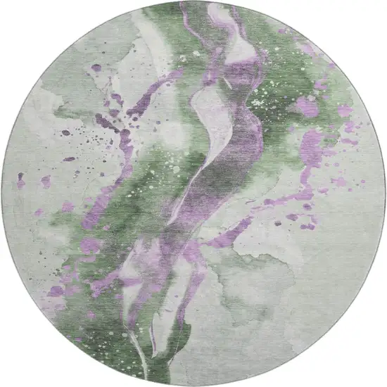 8' X 8' Artichoke Green Lavender And Ivory Abstract Washable Round Rug With UV Protection Photo 1