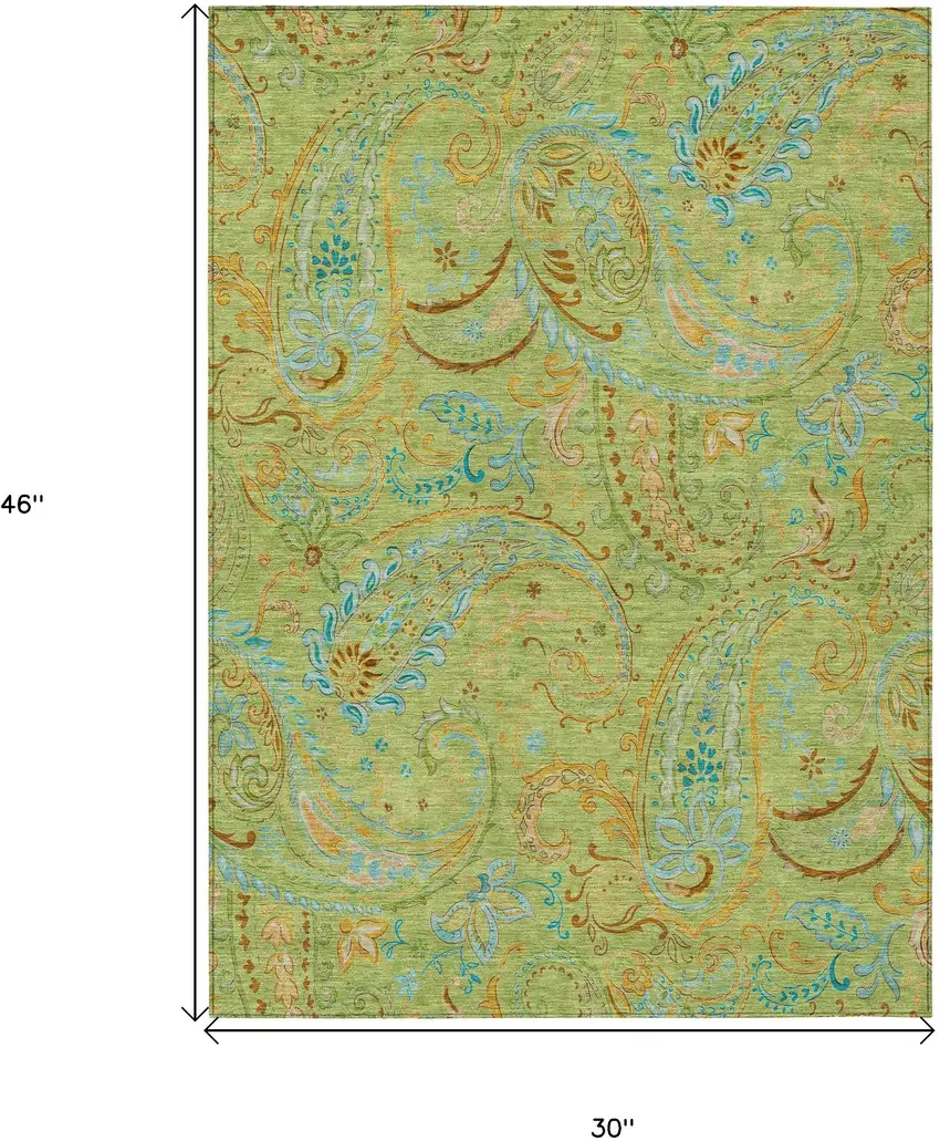 Artichoke Green Paisley Washable Indoor Outdoor Area Rug Photo 3