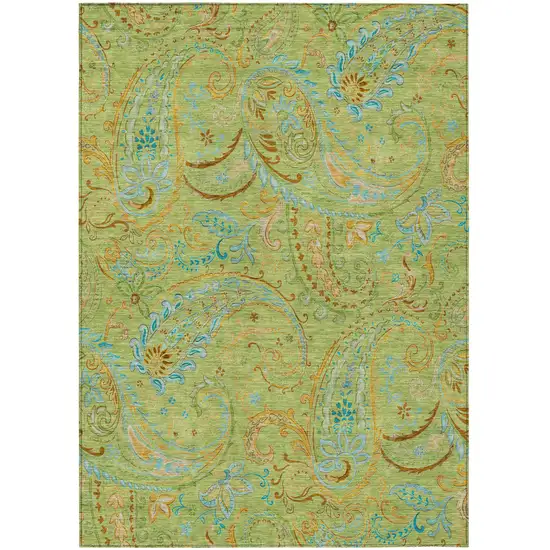 3' X 5' Artichoke Green Paisley Washable Non Skid Indoor Outdoor Area Rug Photo 1