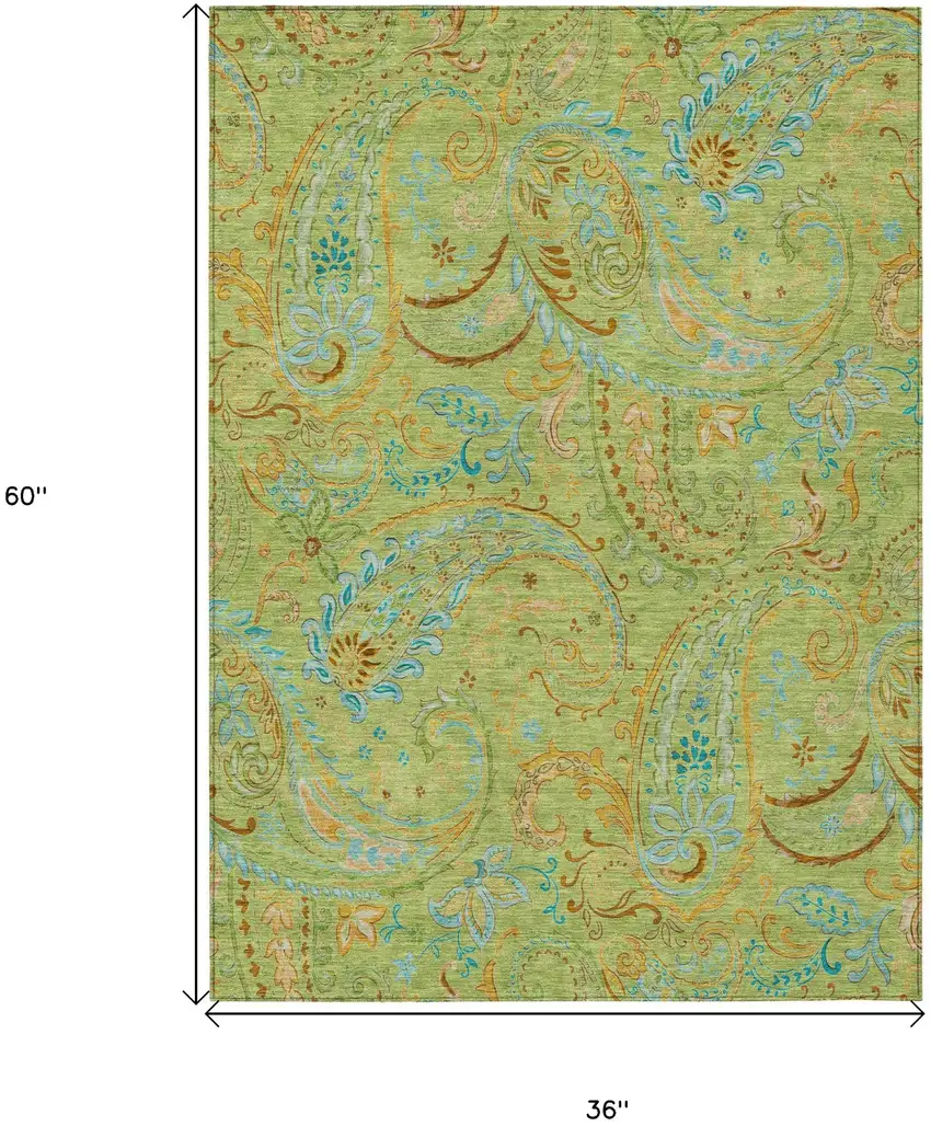 3' X 5' Artichoke Green Paisley Washable Non Skid Indoor Outdoor Area Rug Photo 3
